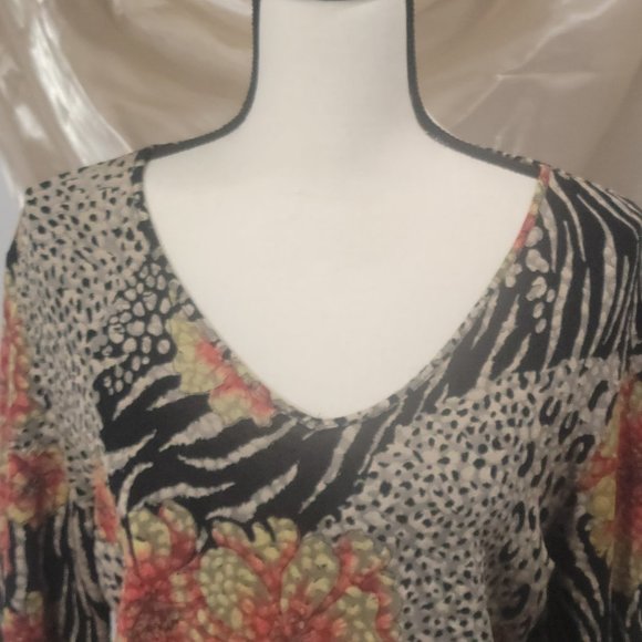 Coldwater blouse, size M, black, orange, tan, floral/animal print - Picture 4 of 4